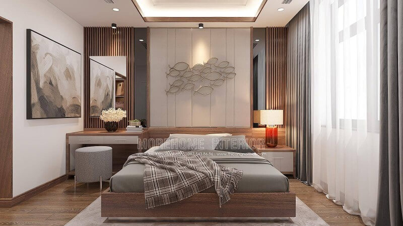 Bố trí phòng ngủ dành cho cậu con trai mới lớn với lối thiết kế đơn giản nhưng khá nam tính. Chiếc giường ngủ hiện đại gỗ công nghiệp veneer óc chó có thể nói là điểm nhấn thể hiện nổi bật nhất mở màn cho bức tranh canvas phòng ngủ đẹp mắt tại biệt thự Vinhomes Imperia Hải Phòng.